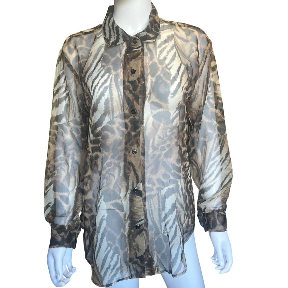 Via Max Sheer Leopard & Zebra Print Button-Up Blo… - image 1